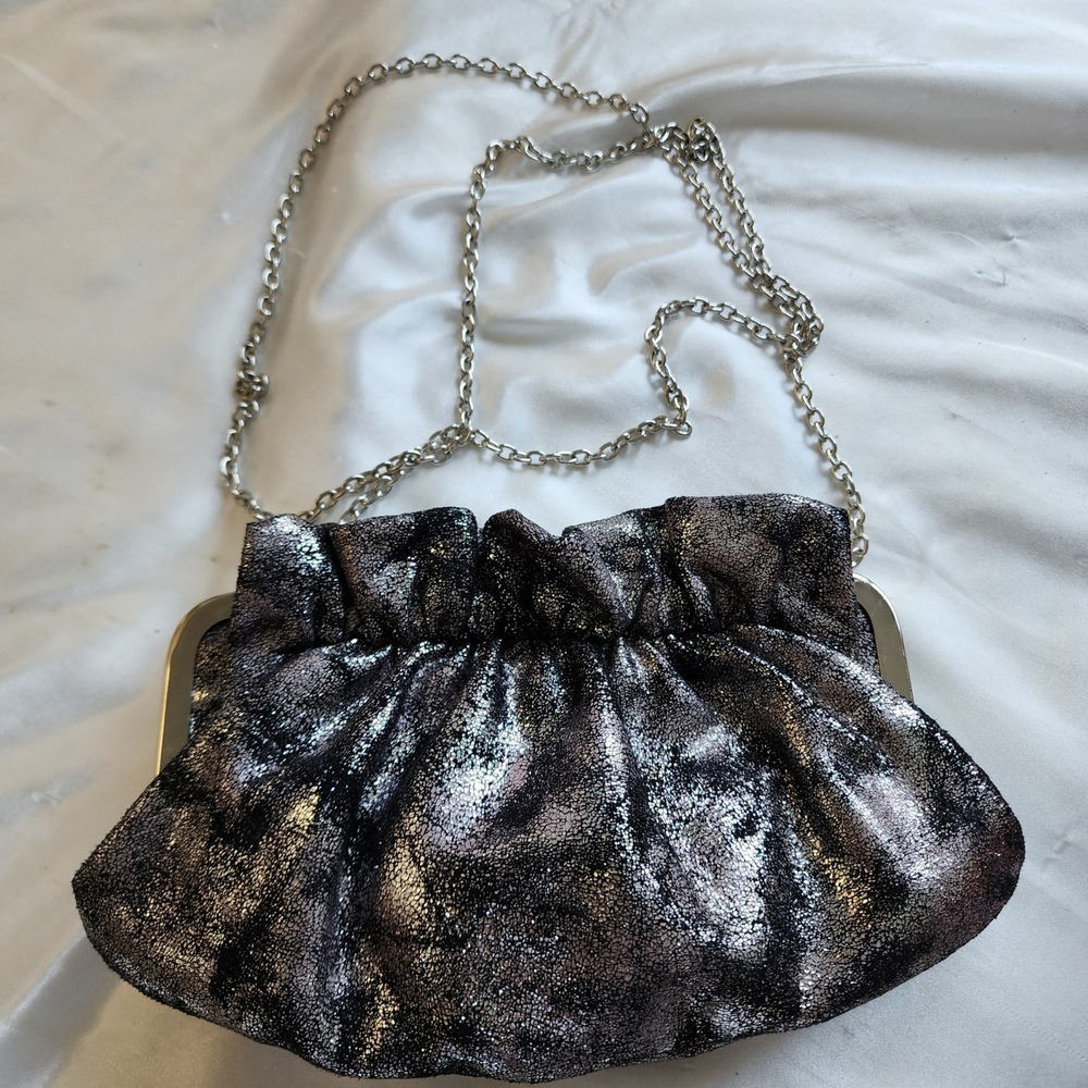 Charming Charlie RSVP Metallic Silver Black Crackle Pleated Clutch Chain Bag